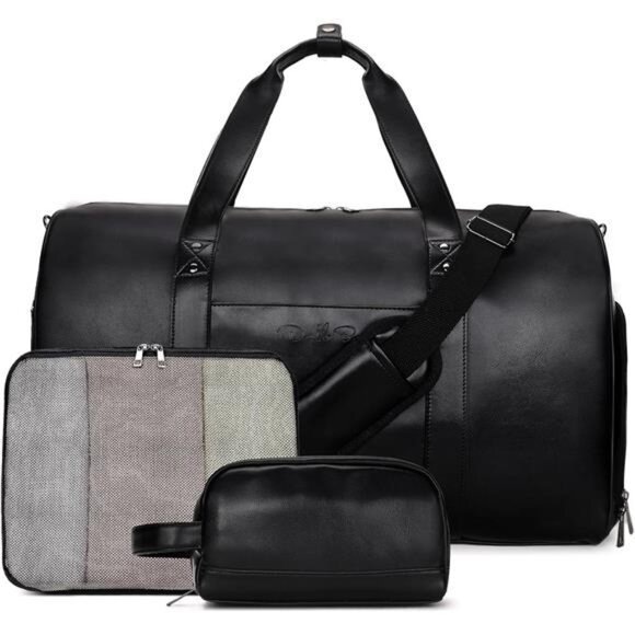 Large Capacity Faux Leather Travel Duffel Bag, Black - Picture 1 of 7